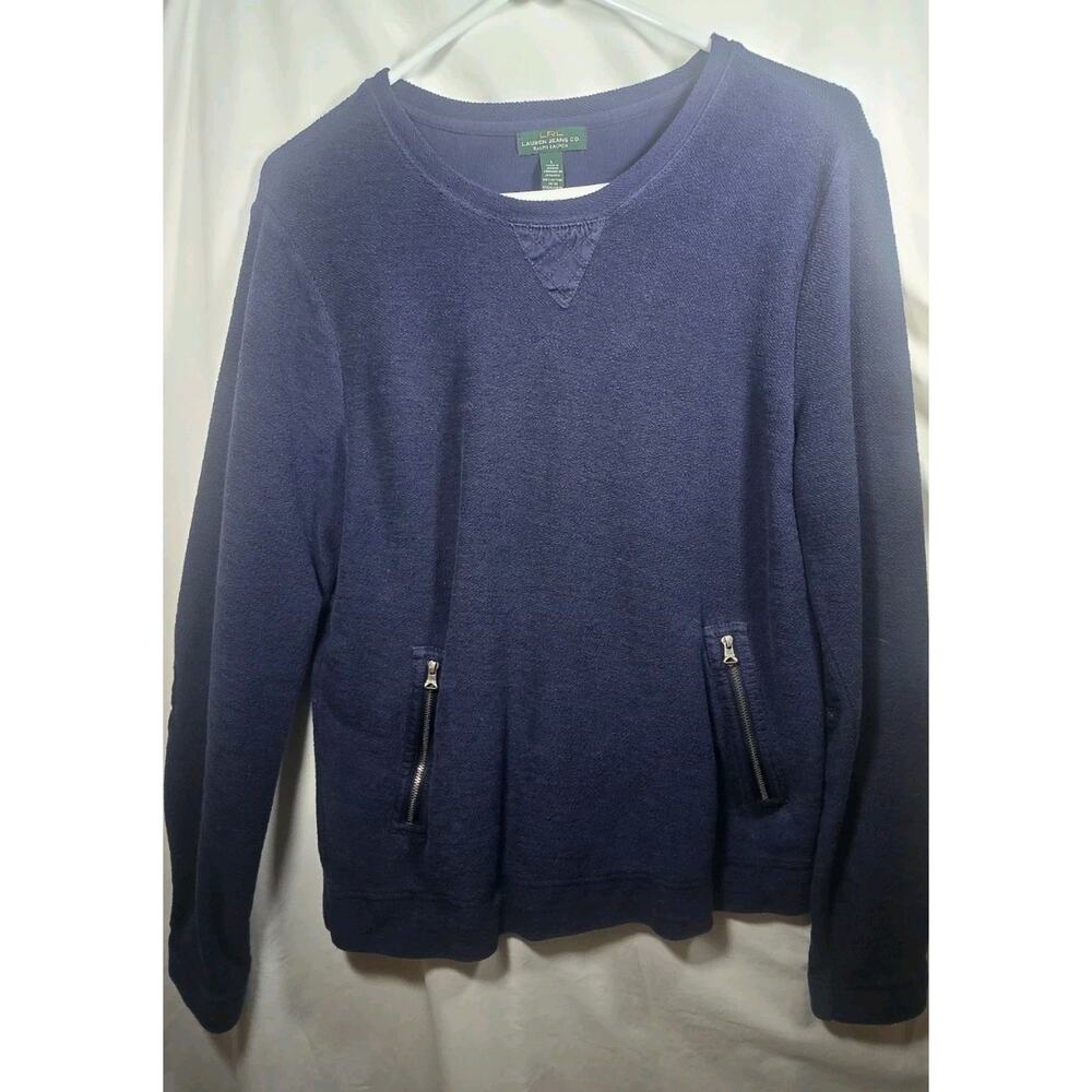 Lauren Ralph Lauren Womens Adult Large Sweatshirt Blue Elbow Patch Zip Pocket
